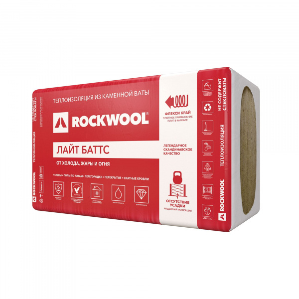 ROCKWOOL ЛАЙТ БАТТС 100 (30-40кг/м3, 1000х600х100мм, 5шт/уп, 0,3м3/уп) Базальтовый утеплитель